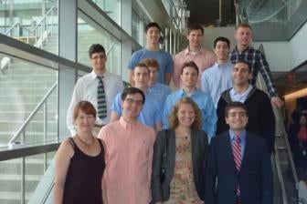 Students standing on the main staircase in the Regents Science Building