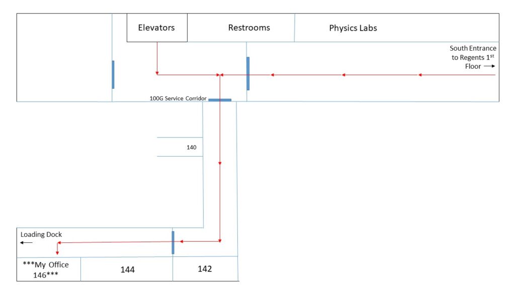 Map of Regents Hall 1st floor, showing how to find Dr. Bertke's office.